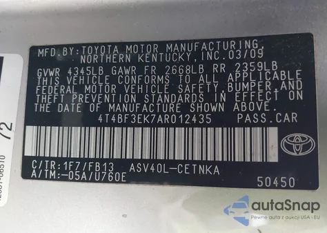 2010 Toyota Camry Le z USA, uszkodzony, nr VIN 4T4BF3EK7AR012435